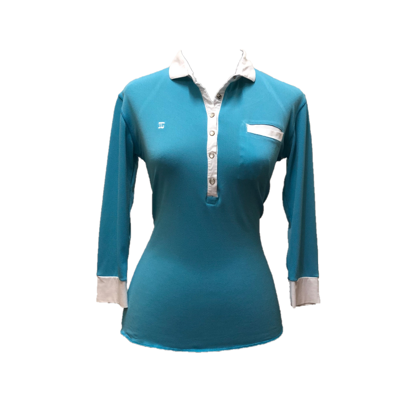 LT-090 || Ladies Top Mid Blue with White Trim 3/4 Sleeves and Snap Pearl Buttons