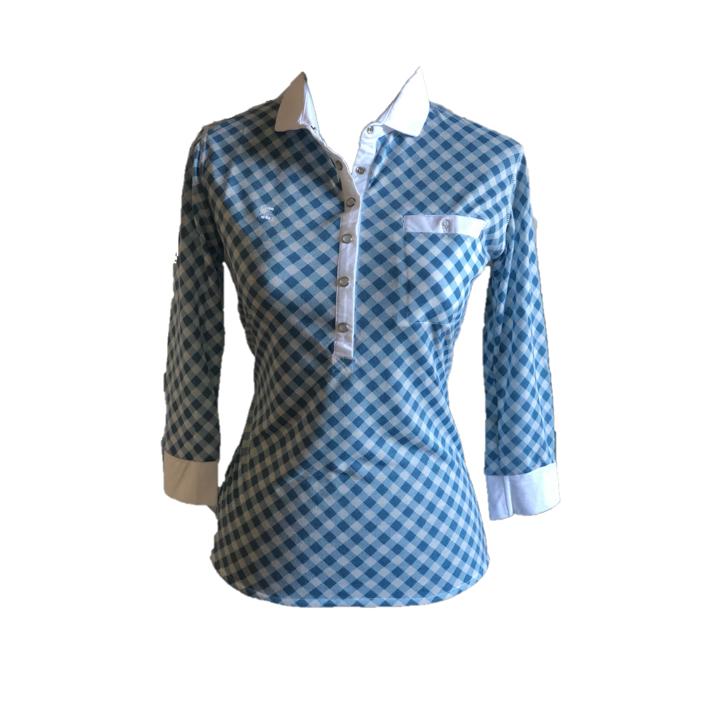 LT-090A || Ladies Top White And Blue Diamond Pattern With White Trim 3/4 Sleeve And Snap Pearl Button.