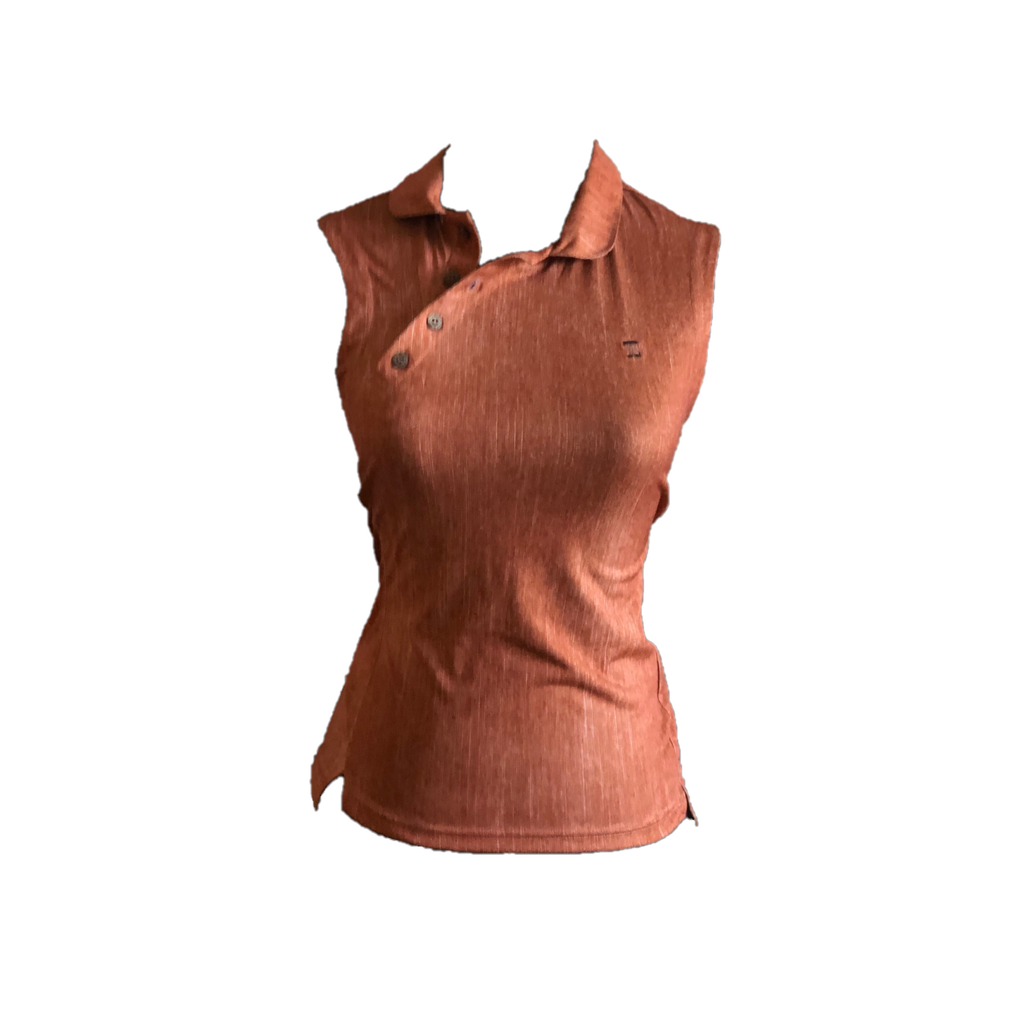 LT-091A || Ladies Sleeveless Top Burnt Orange with Fine Off White Fleck, Angled 4 Button Neck