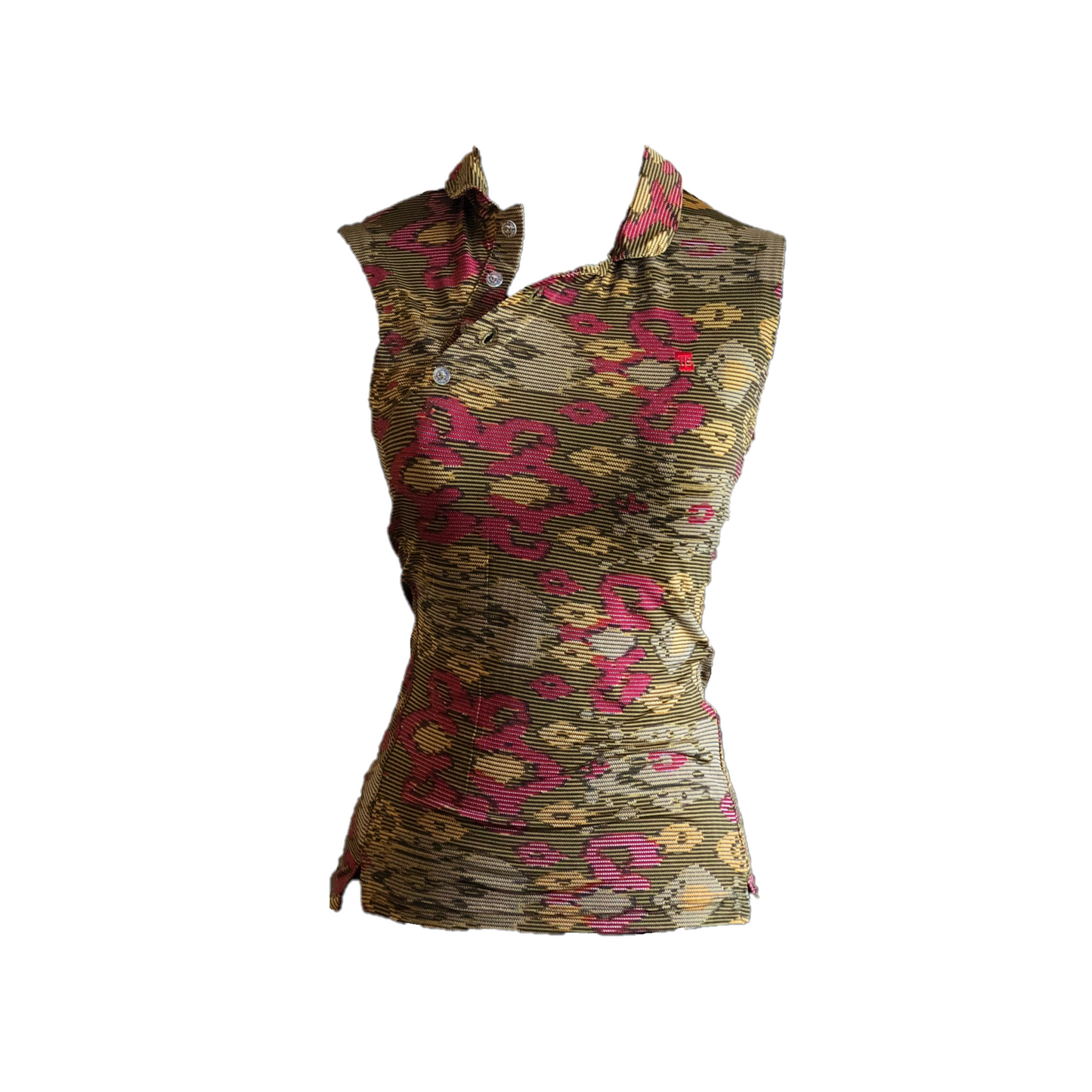 LT-091B || Ladies Sleeveless Top Khaki W Pink & Yellow Floral Pattern & Dark Fine Horiz Weave Stripes, Angled 4 Button Neck.