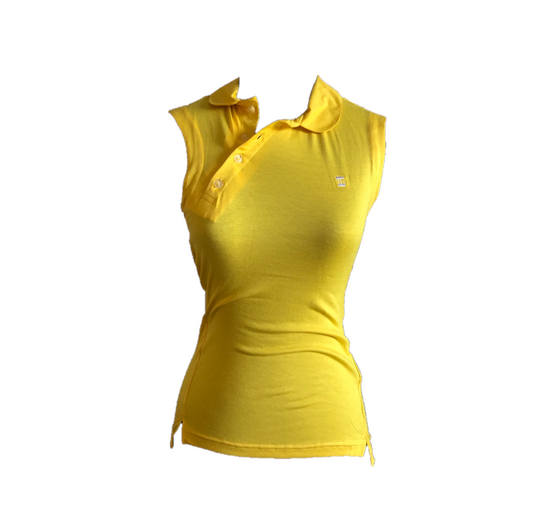 LT-091C || Ladies Sleeveless Top Mustard Yellow, Angled 4 Button Neck