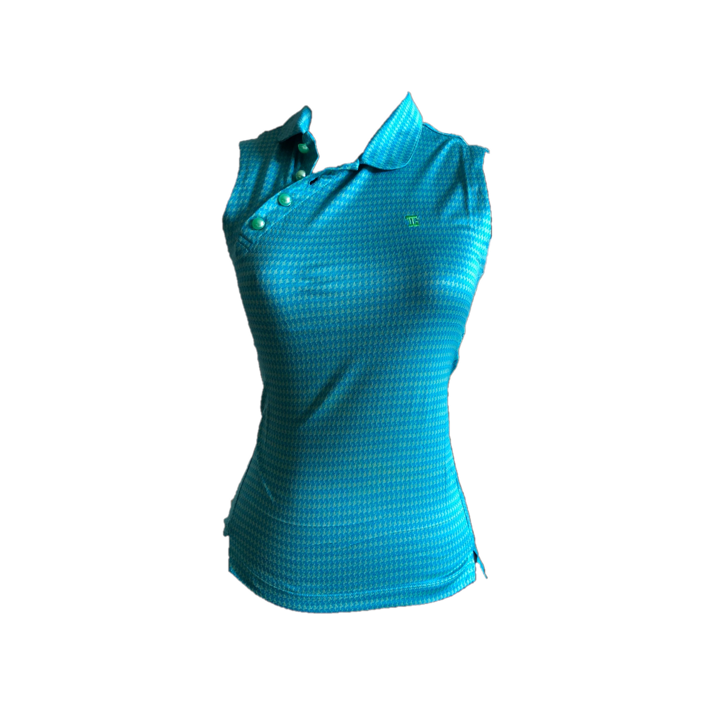 LT-091E || Ladies Sleeveless Top Blue and Green Horizontal Wave Pattern , Angled 4 Pearl Button Neck.