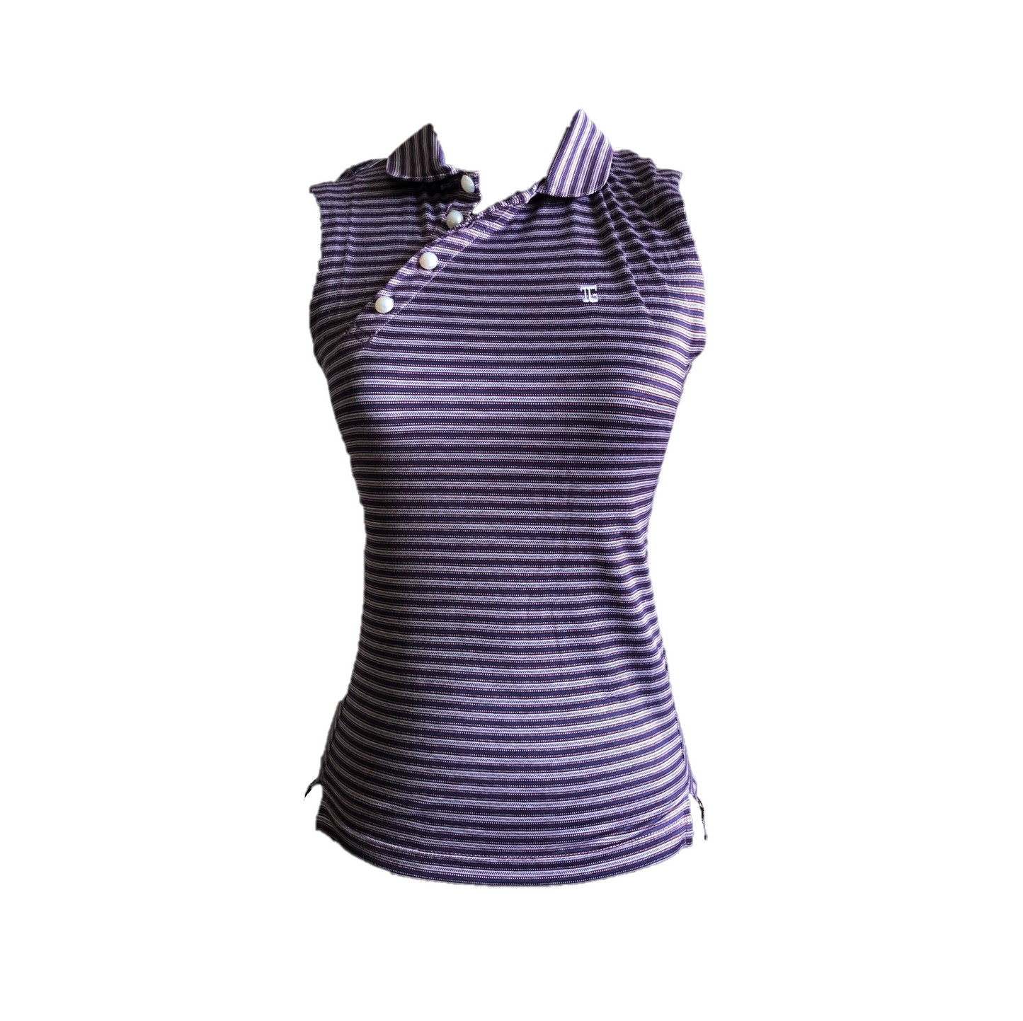 LT-091F || Ladies Sleeveless Top Dark Purple/Brown and White Horizontal Stripes, Angled 4 pearl Button Neck.