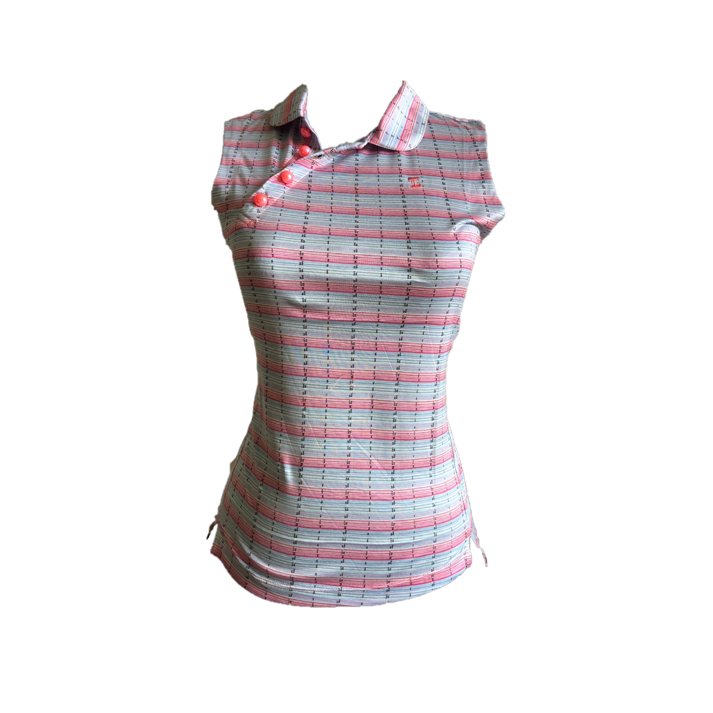 LT-091I || Ladies Sleeveless Top Light Blue Pink White Horizontal Bands Angel Four Buttons Neck