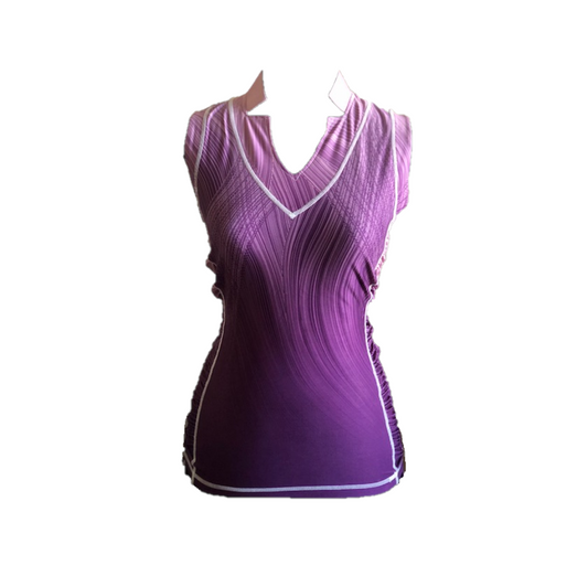 LT-092A || Ladies Sleeveless Top Dark Mauve with Light Mauve Collar & Trim V Neck with Shirred Drawstring Adjustable Underarm Side Panels