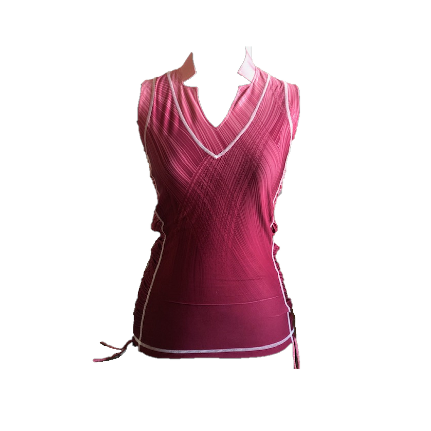 LT-092 || Ladies Sleeveless Top Maroon w Dark Pink Collar & Trim V Neck with Shirred Drawstring Adjustable Underarm Side Panels