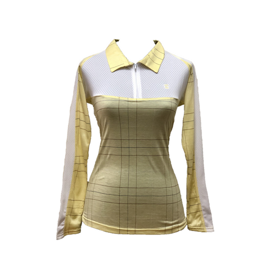 LT-093B || Ladies Top Long Sleeve Pale Lemon With Fine Dark Blue Vertical & Horizontal Lines In Group Of Three - Bright table White Saddle / Case Pannel, Bright table Under Arm / Side Pannel Zipper Neck.