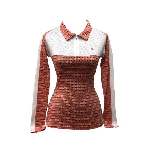 LT-093D || Ladies Top Long Sleeve Burnt Orange with Dark Blue and Grey Small Square and Horizontal Rows Over All Breathable White Shoulder Shadow / Chest Pannel Breathable Under Arm