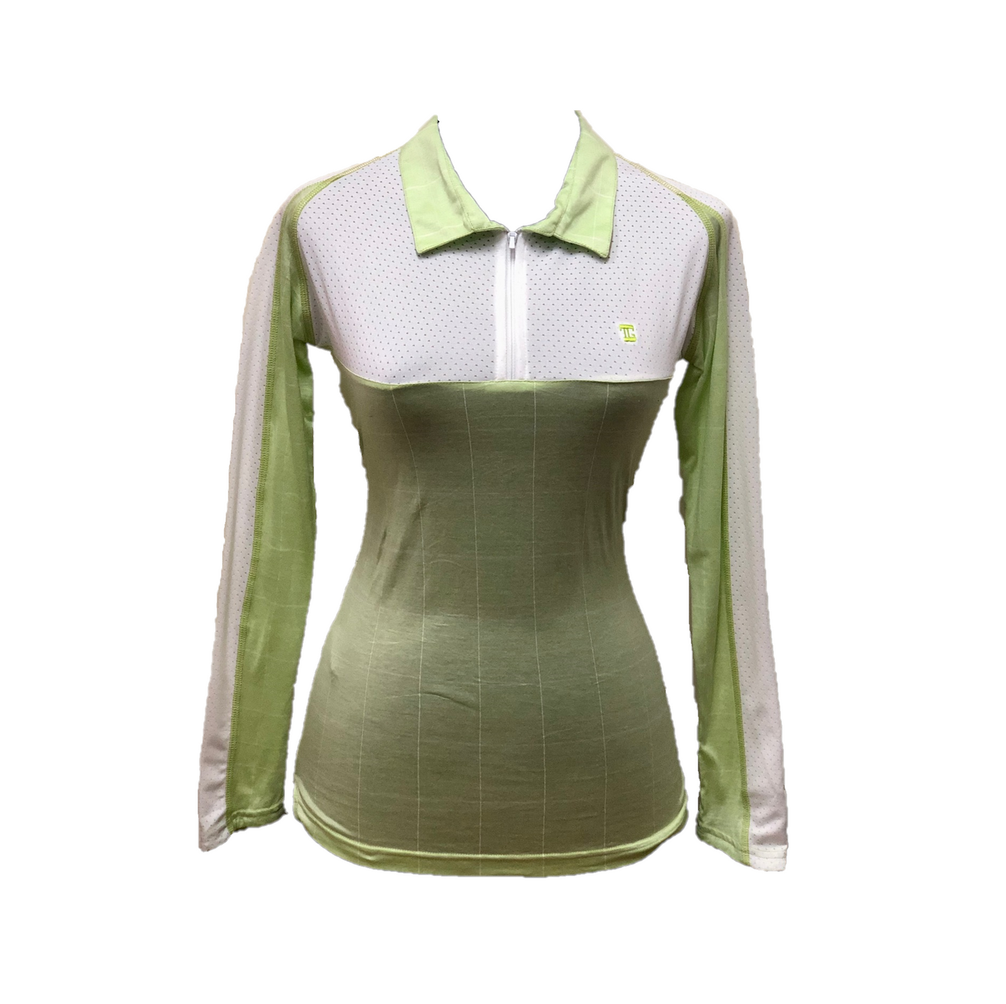 LT-094A || Ladies Top Long Sleeve Mid Green And White Horizontal & Vertical Stripe With White Front Chest Panel Outer Sleeve White Panel / Stripe Full Lenght Zipper Neck.