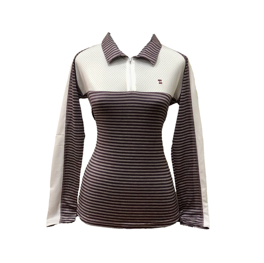 LT-094B || Ladies Top Long Sleeve Dark Purple & Light Grey Horizontal Stripe with White Front Chest Panel White Underarm Side Panels Outer Sleeve White Panel / Stripe Full Length Zipper Neck