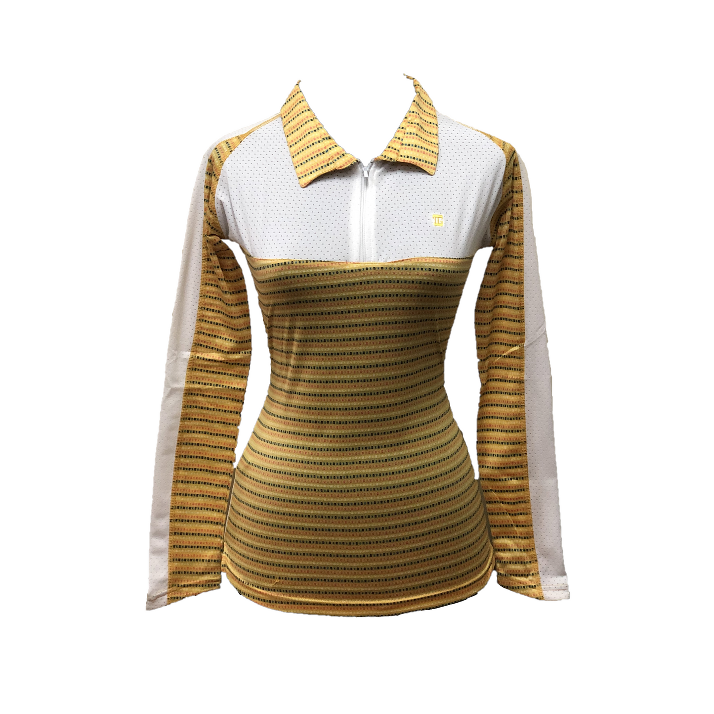 LT-094C || Ladies Top Long Sleeve Yellow and Dark Blue & Red Horizontal Stripe with White Front Chest Panel White Underarm Side Panels Outer Sleeve White Panel / Stripe Full Length.  Zipper Neck