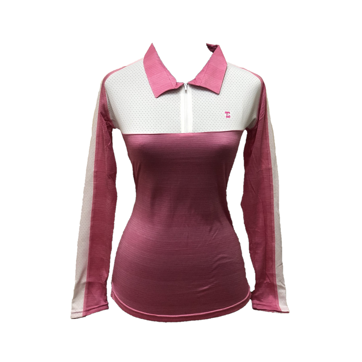 LT-094D || Ladies Top Long Sleeve Dark Pink with White Front Chest Panel White Underarm Side Panels Outer Sleeve White Panel / Stripe Full Length.  Zipper Neck