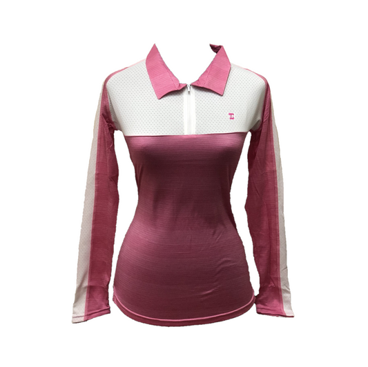 LT-094D || Ladies Top Long Sleeve Dark Pink with White Front Chest Panel White Underarm Side Panels Outer Sleeve White Panel / Stripe Full Length. Zipper Neck
