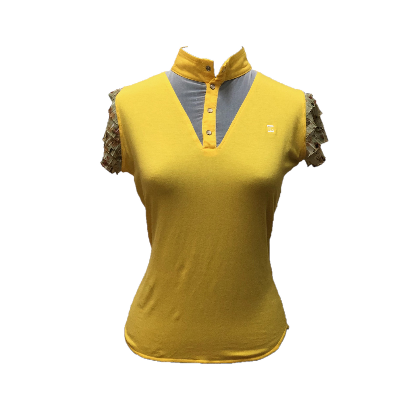 LT-097 || Ladies Top Bright Yellow Short Brown & White Motif Sleeves Button Mandarin Collar White Neck V Inset