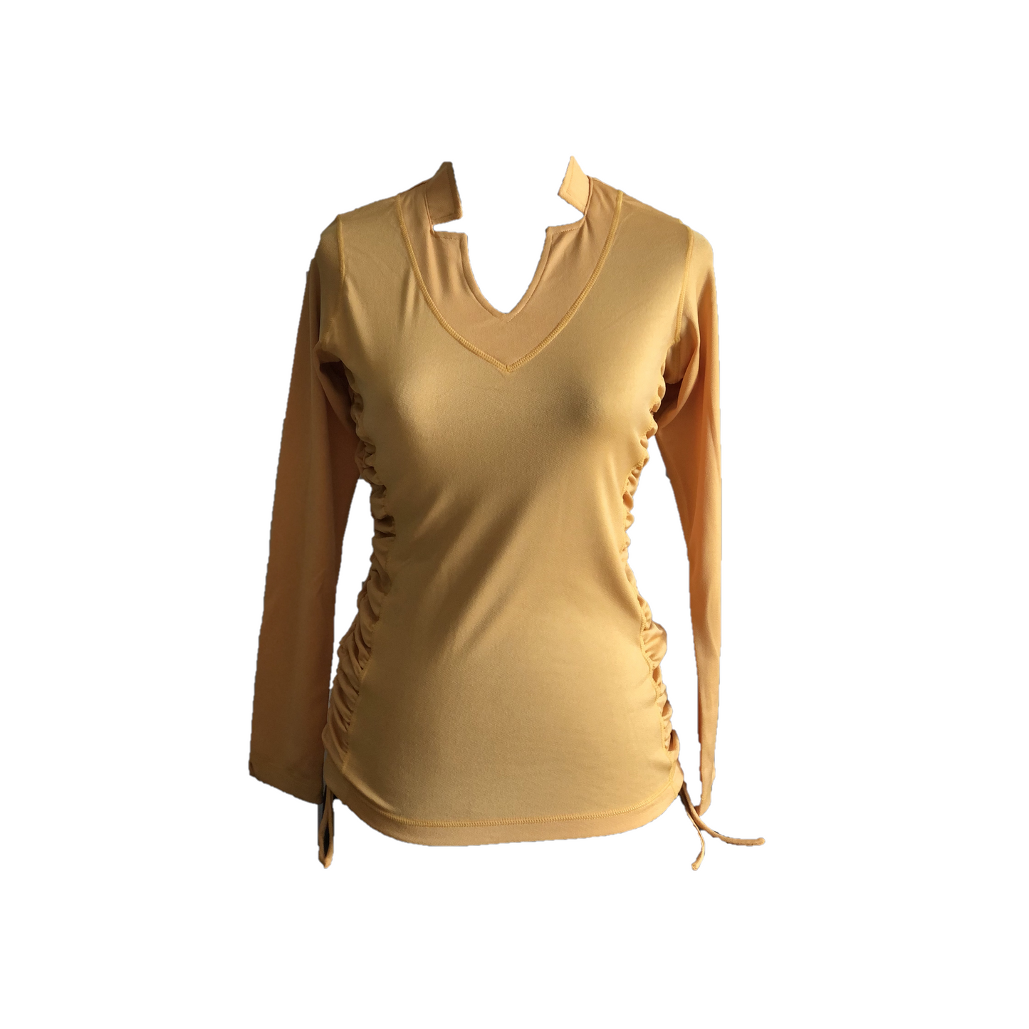 LT-098A || Ladies Top Long Sleeve Yellow Mustard With Overlocked Seems. 2 Shirred Drawstring Adjustable Side Panels (pull down to shorten)