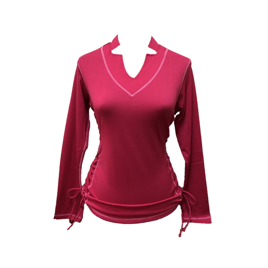 LT-098 || Ladies Top Long Sleeve Dark Pink with Light Pink Contrasted Overlocked Seems. 2 Shirred Drawstring Adjustable Side Panels (pull down to shorten)