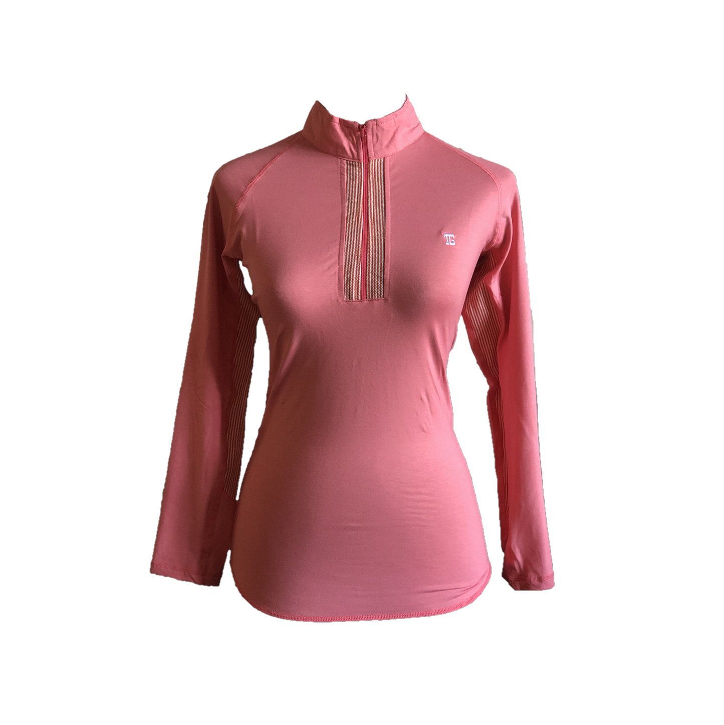 LT-099A || Ladies Top Long Sleeve Coral Pink Fine White & Orange Pin Striped Neck Trim and Underarm Panels Mock Turtle Zipper Neck