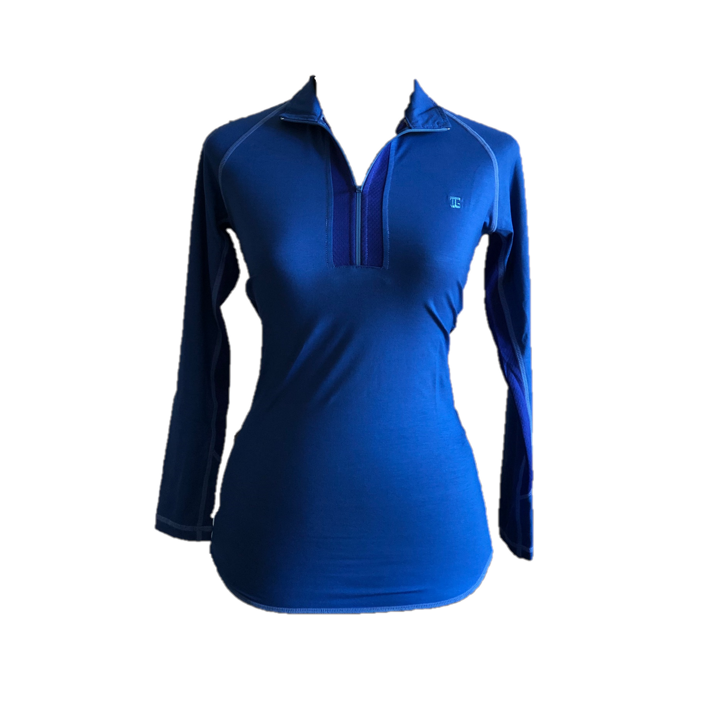 LT-099 || Ladies Top Long Sleeve Dark Blue with Light Blue Contrasted Overlocked Seems. Mock Turtle Zipper Neck