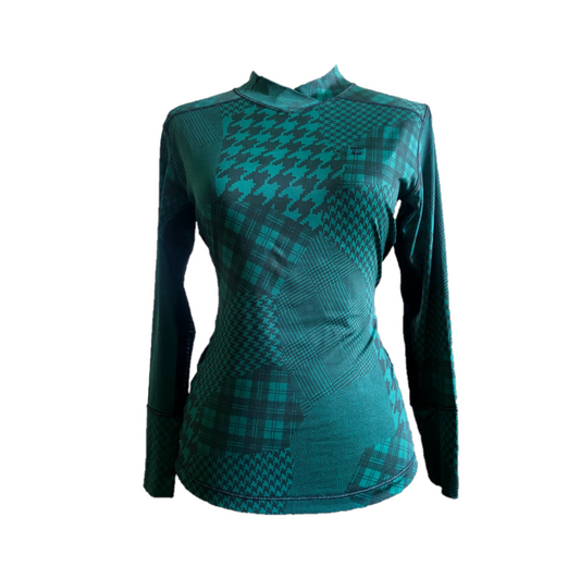 LT-100A || Ladies Top Dark Green with Black Mixed Motif (camouflage) Round with V Featured Collar / Panel Neck