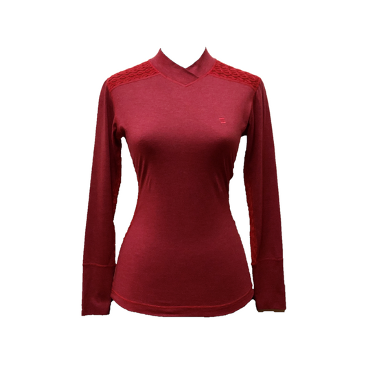 LT-100D || Ladies Top Dark Red with Red Faux Lace Side Panel & Shoulders Slash Rour With V Featured Collar / Panel Collar