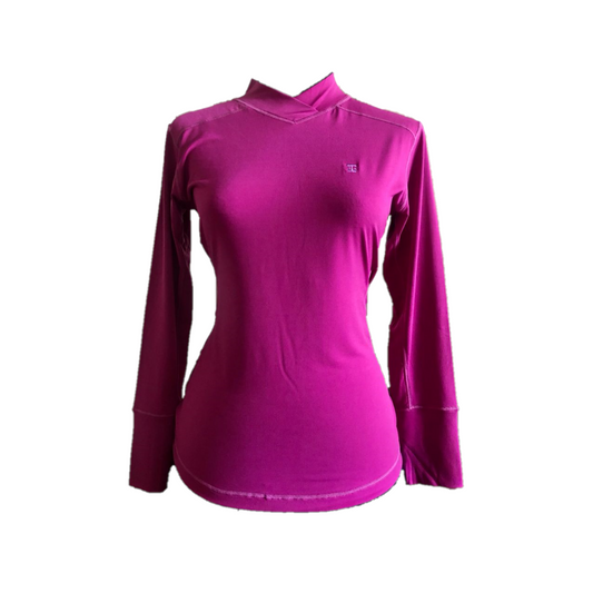 LT-100 || Ladies Top Long Sleeve Deep Mauve Round with V Featured Collar / Panel Neck Dark Contrasted Overlocked Seems