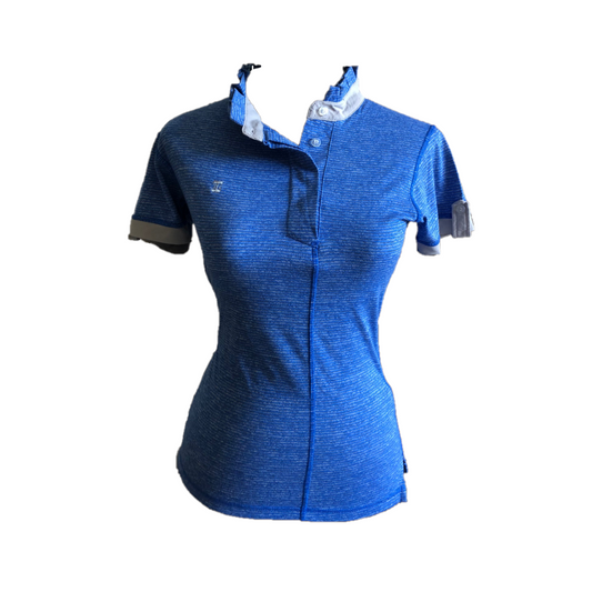 LT-101 || Ladies top Short Sleeved Mid Blue with Grey Horizontal Fine Stripes, Grey Sleeve Bands & Neck Vertical Pleated Crewneck