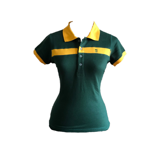 LT-102B || Ladies Top Short Sleeve Bottle Green With Broad Yellow Horizontal Chest And Back Street Collar One Concealed Side Seam Pocket And Sleeve Trim