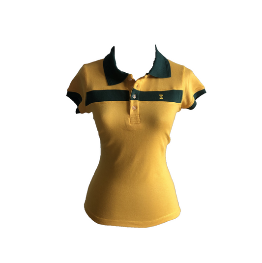 LT-102 || Ladies Top Short Sleeve Yellow with Broad Bottle Green Horizontal Chest One Concealed Side Seam pocket and back strips collar and sleeve Trim