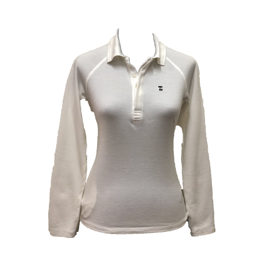 LT-104B || Ladies Top Long Raglan Sleeve Off White One Concealed Side Seam Pocket & Concealed Button Collar