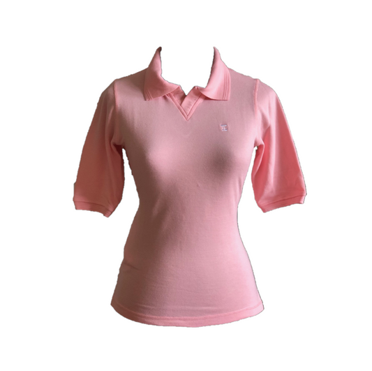 LT-106A || Ladies Top Baby Pink Texture Cloth Elbow Length Sleeve V neck With Collar Rear V Overlock Stitched Saddle