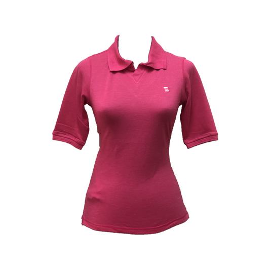 LT-106 || Ladies Top Raspberry Pink Textured Cloth Elbow Length Sleeve V Neck With Collar Rear V Overlock Stitched Saddle.