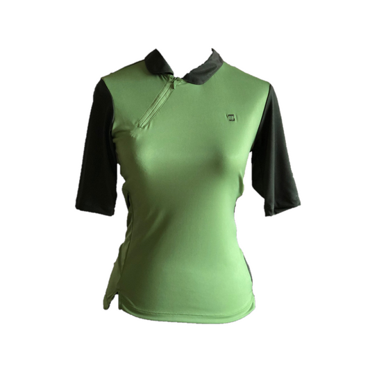 LT-109A || Ladies Top Mid Green Front Panel with Khaki Green Elbow Sleeves, Rear Panel Graduated Vertically Khaki to Mid Green Standard Collar and Angled Neck Zipper