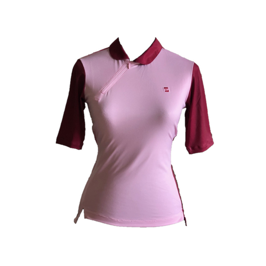 LT-109 || Ladies Top Pink Front Panel with Maroon Elbow Sleeves, Rear Panel Graduated Vertically Maroon to Pink Standard Collar  and Angled Neck Zipper