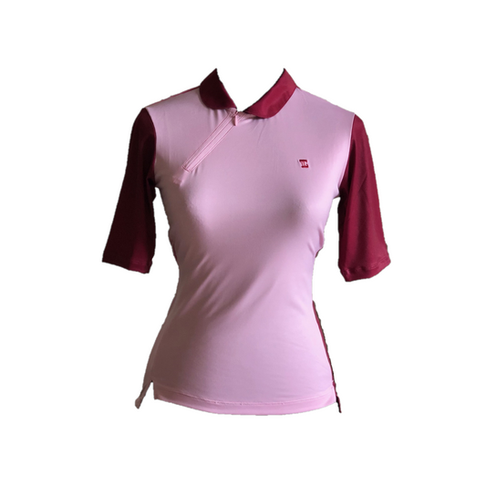 LT-109 || Ladies Top Pink Front Panel with Maroon Elbow Sleeves, Rear Panel Graduated Vertically Maroon to Pink Standard Collar and Angled Neck Zipper
