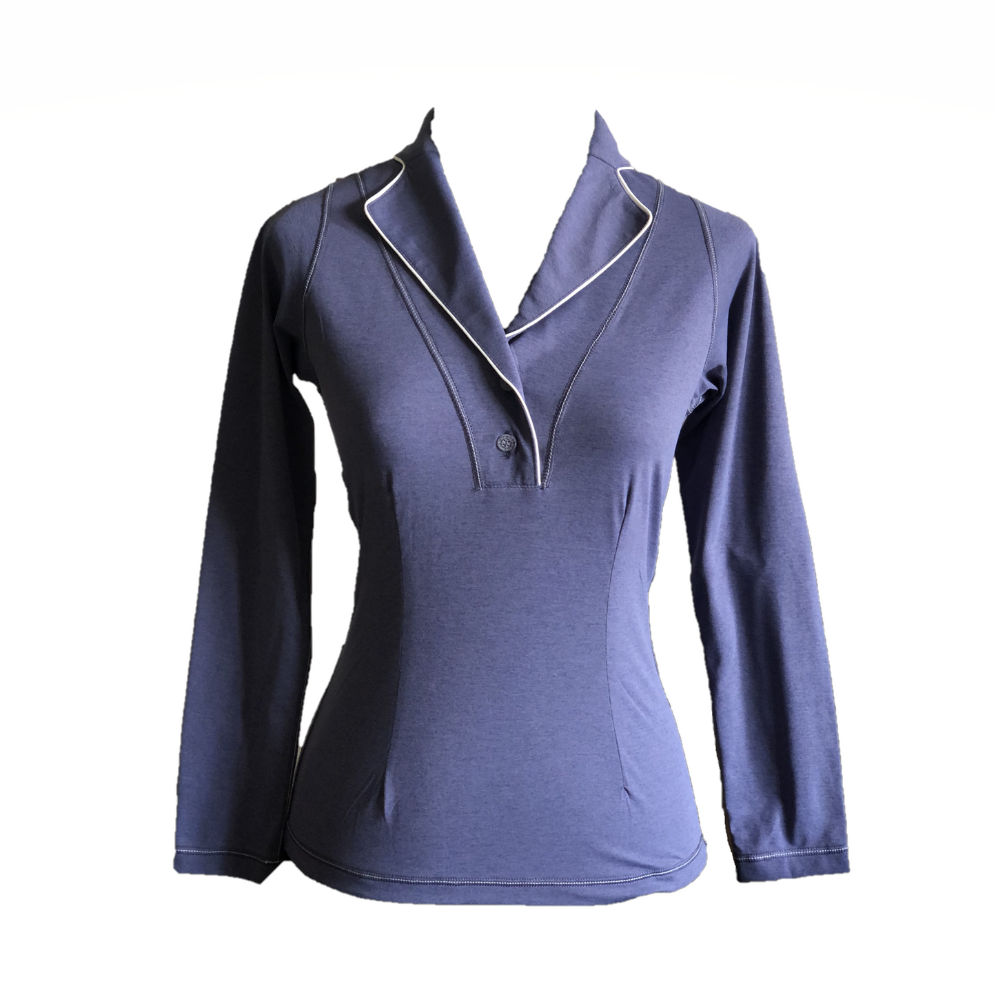 LT-110A || Ladies Top Smoke Blue Long Sleeve Shawl Neck 2 Buttons with White Piping