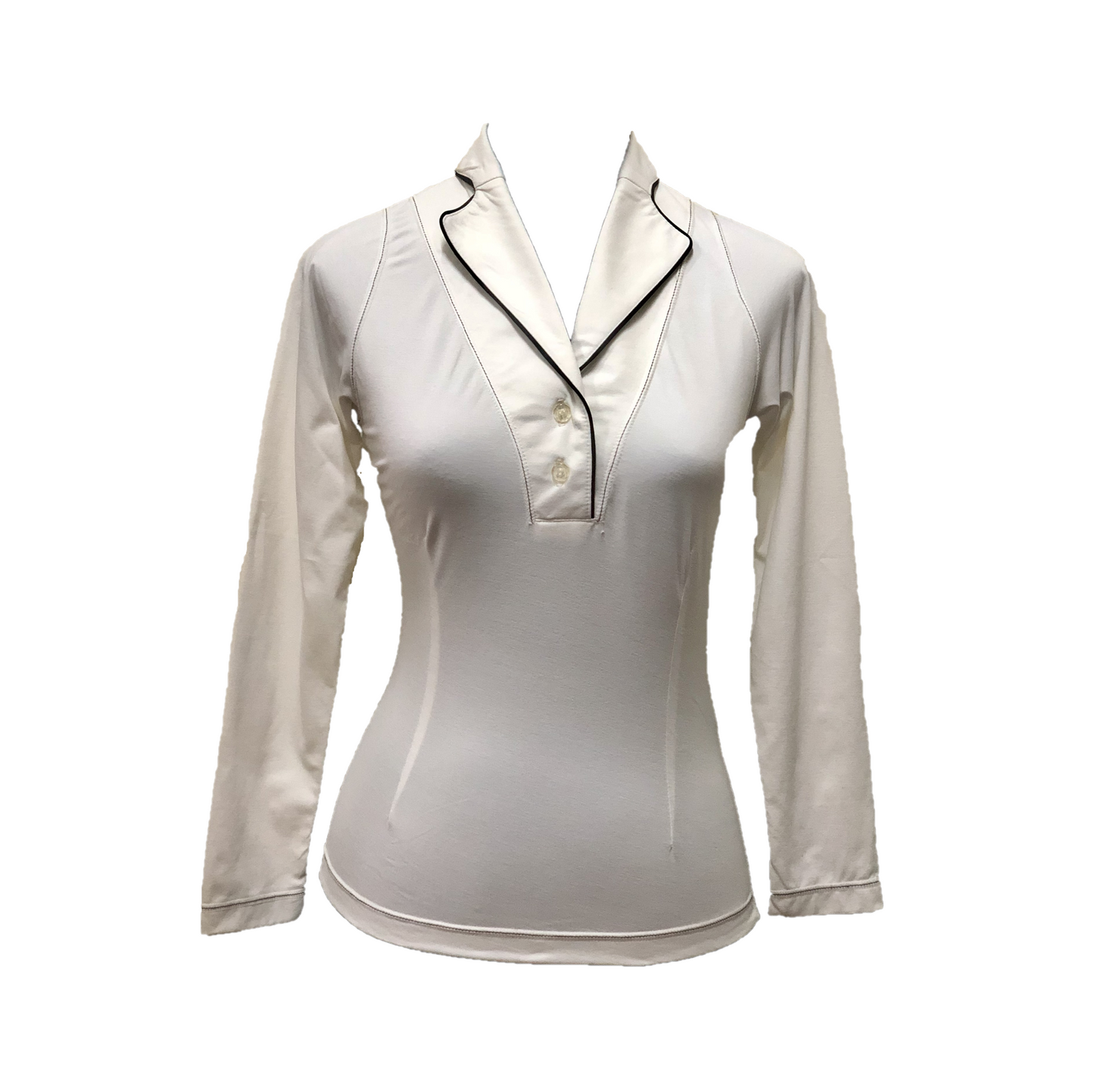 LT-110B || Ladies Top White Long Sleeve Shawl Neck 2 Buttons with Black  Piping