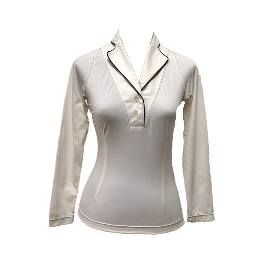 LT-110B || Ladies Top White Long Sleeve Shawl Neck 2 Buttons with Black Piping