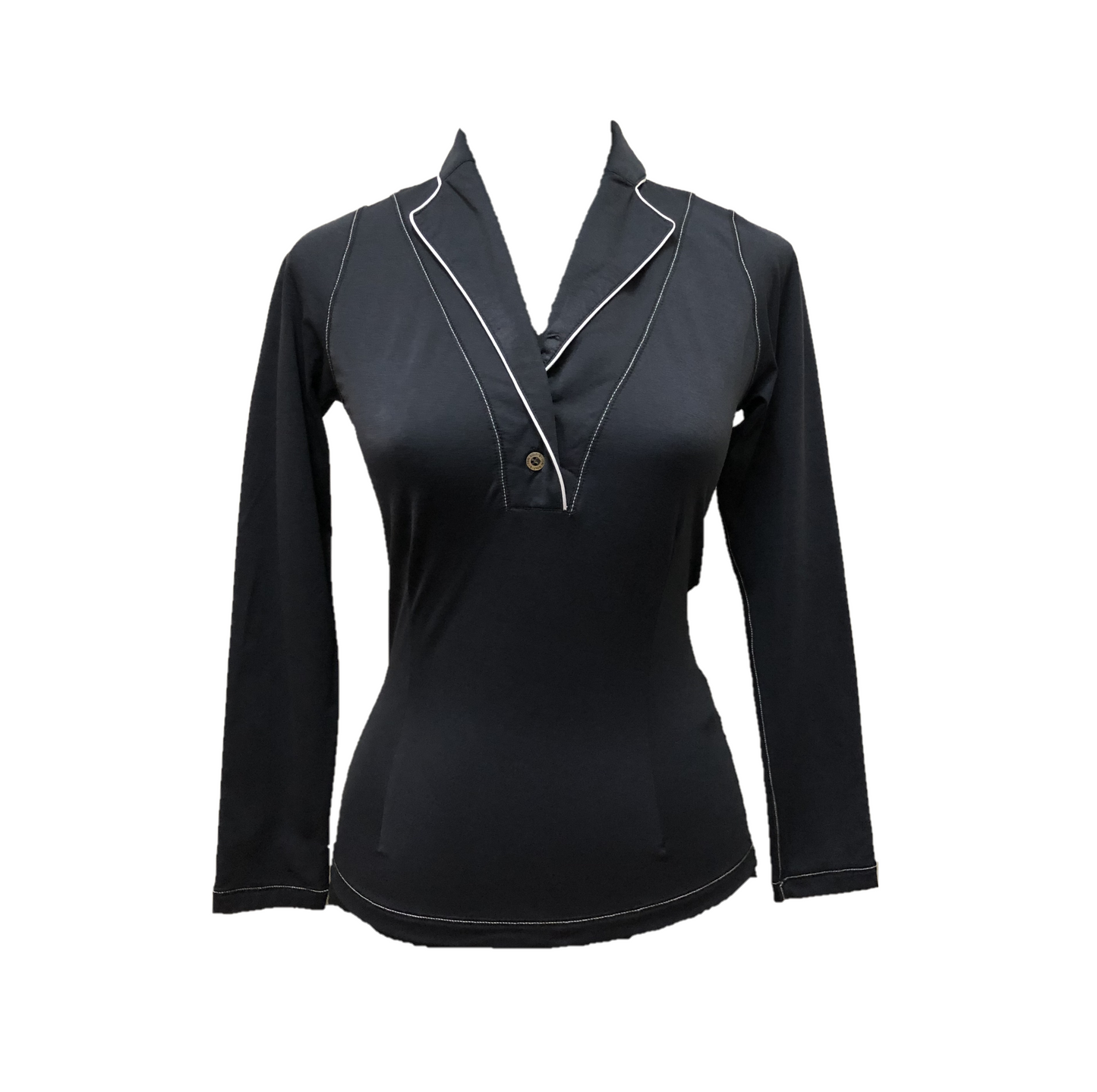 LT-110 ||  Ladies Top Black Long Sleeve Shawl Neck 2 Button With White Piping.