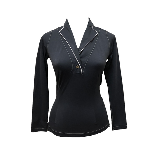 LT-110 || Ladies Top Black Long Sleeve Shawl Neck 2 Button With White Piping.