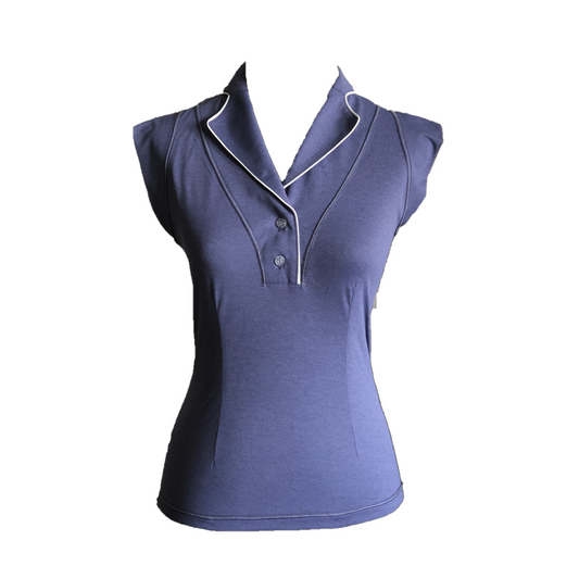 LT-111A || Ladies Top Smoke Blue  Sleeveless  Shawl Neck 2 Buttons with White Piping