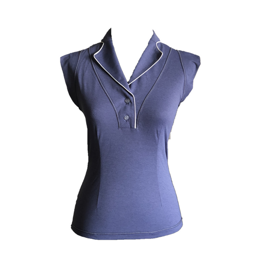 LT-111A || Ladies Top Smoke Blue Sleeveless Shawl Neck 2 Buttons with White Piping