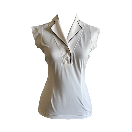 LT-111B || Ladies Top White Sleeveless  Shawl Neck 2 Buttons with White Piping