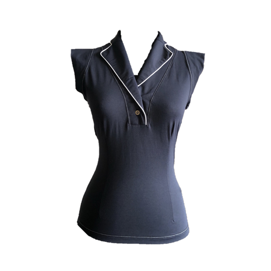 LT-111 || Ladies Top Black Sleeveless Shawl Neck 2 Buttons with White Piping