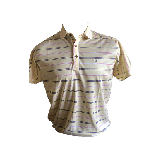 MT - 027B || Men Top Yellow with Pink / Navy Double Horizontal  Dashed Stripes.