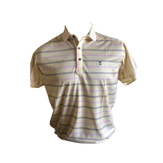 MT - 027B || Men Top Yellow with Pink / Navy Double Horizontal Dashed Stripes.