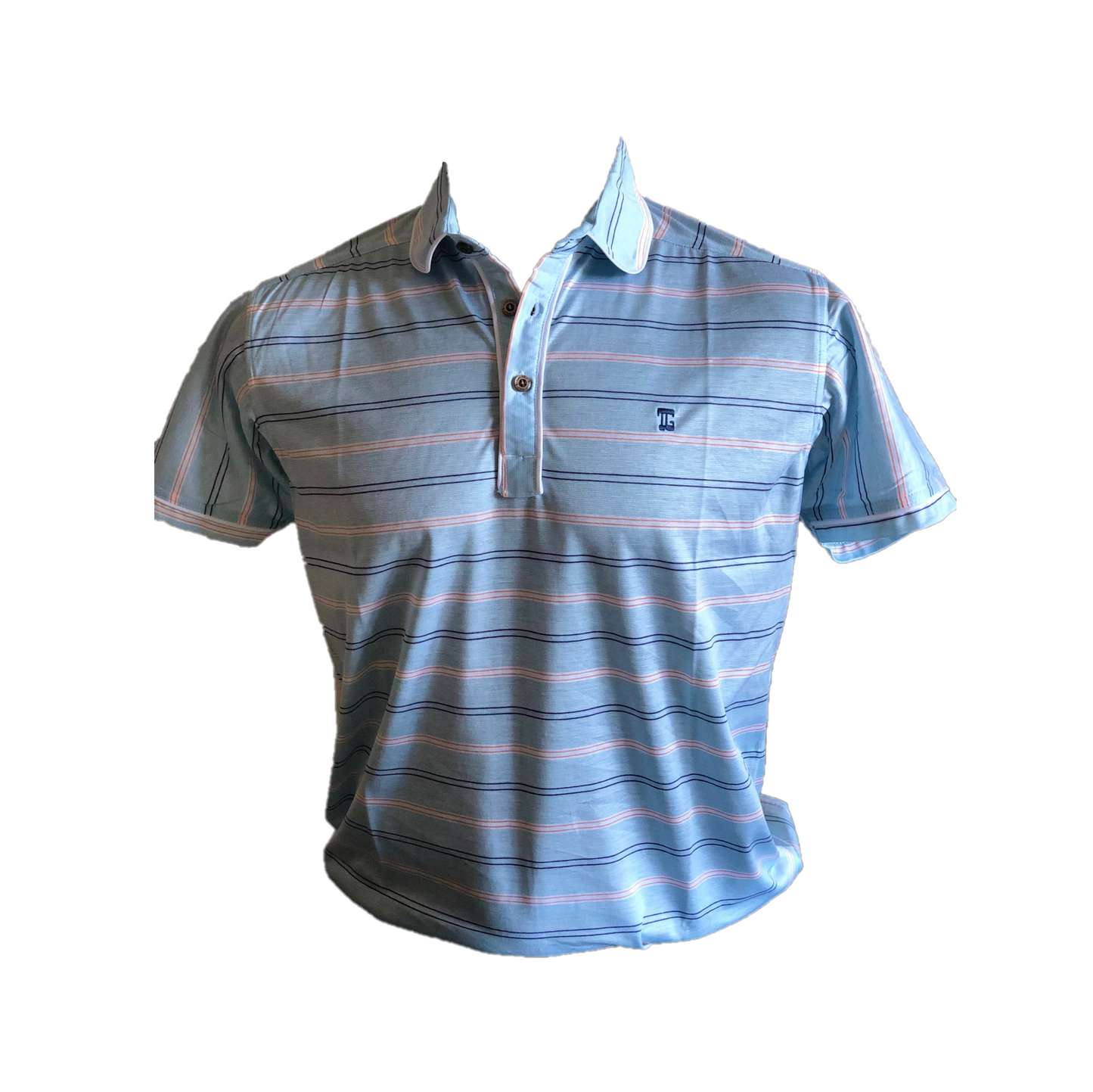 MT - 027 || Men Top Blue With Pink / Navy Double Horizontal Dashed Stripes.