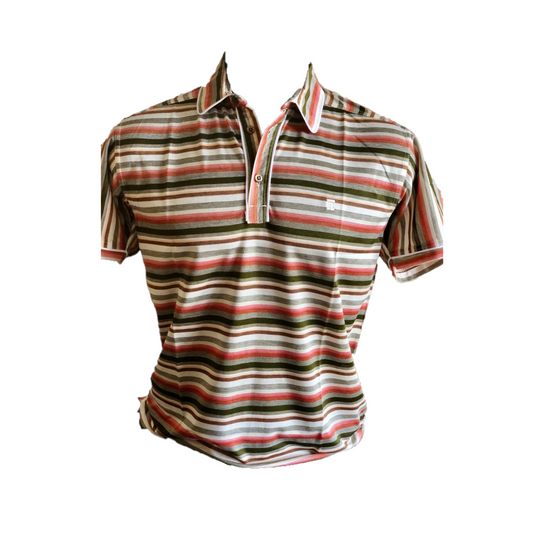 MT - 028A || Men Top Cream / Green / Red & Orange Horizontal Stripes.