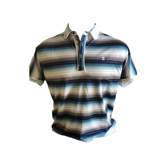 MT - 028 || Men Top White / Navy Horizontal Broad Bands.