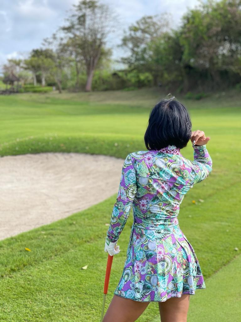 RGD-023 || Golf Dress Reversible Long Sleeve One Side Green, Mauve White & Yellow with Rose and Geometric Motif other Side Lilac, Black & Red Faux Leopard Spots, Mandarin Collar Concealed Zip Fastened