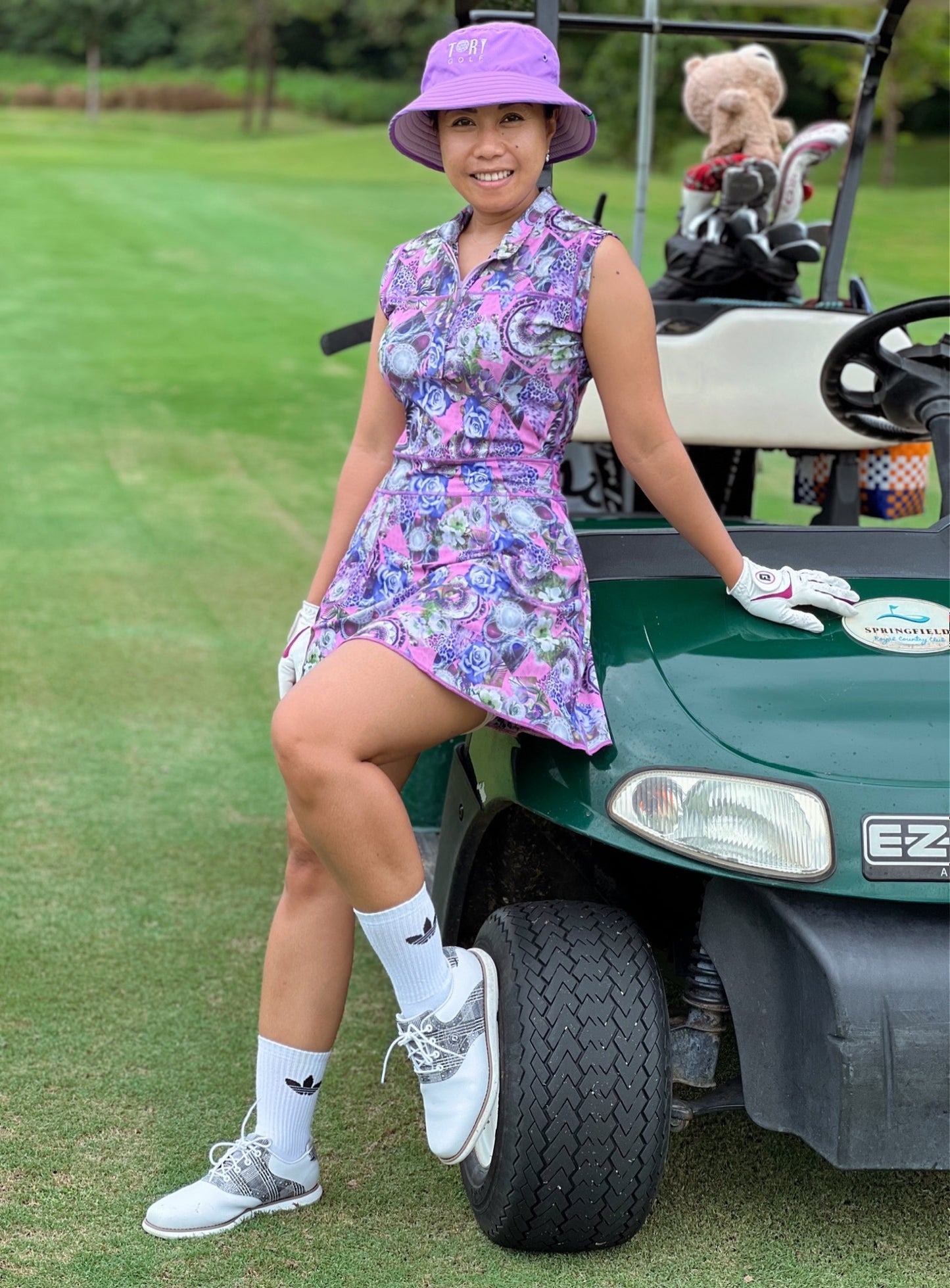 RGD-021C || Golf Dress Reversible Sleeveless One Side Pink, Purple and Green with Rose and Geometric Motif Other Side Pink w Green & Black Faux Leopard Spots, Mandarin Collar Concealed Zip Fastened